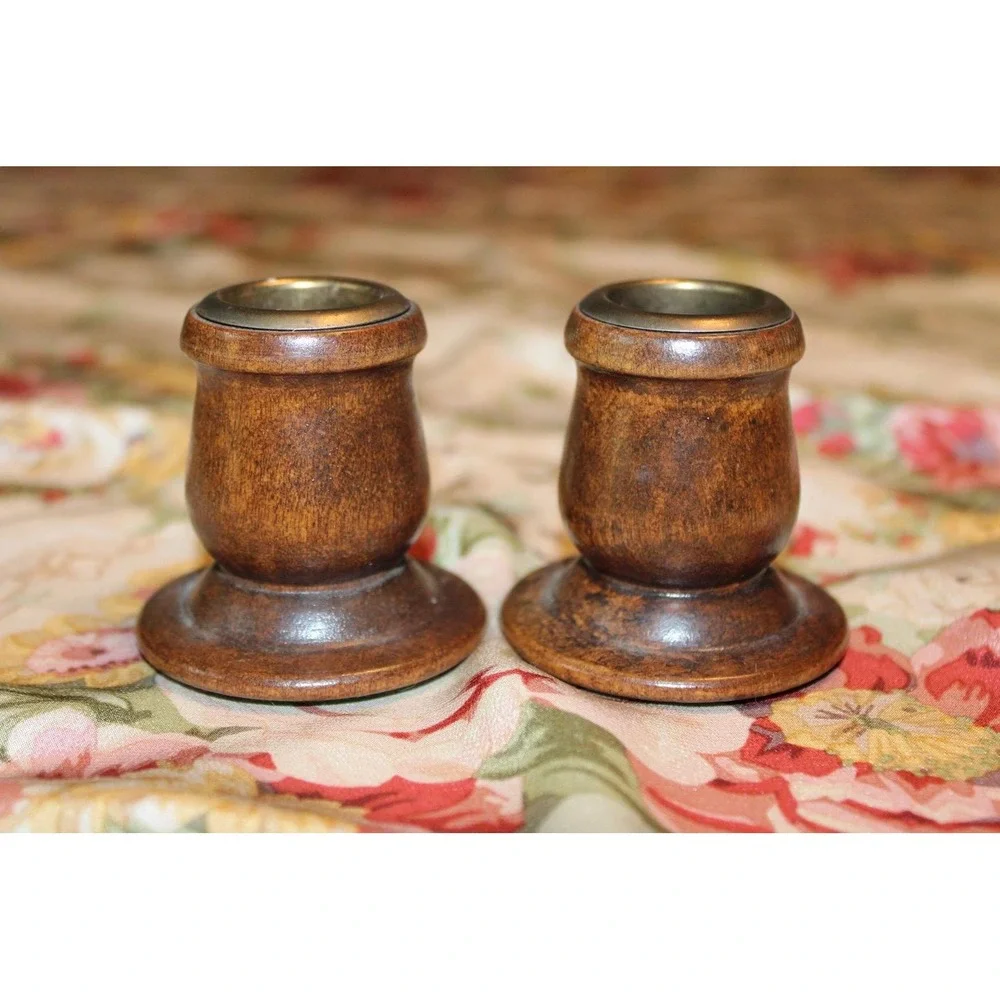 Mid Century Modern Pair of Wood and Brass Candleholders MCM